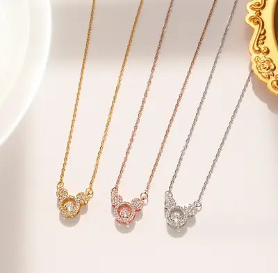 Titanium Silver/Gold Disney Mickey Mouse Pave CZ Pendant Chain Necklace • $10.99
