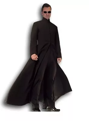 Mens Cybe Man Costume Neo Black Trench Coat Robe Glasses Matrix Fancy Dress  • £20