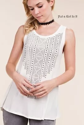 New VOCAL Womens CRYSTAL IVORY WHITE AZTEC TUNIC SLEEVELESS TANK TOP SHIRT S M • $42.70