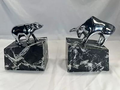 Stock Market Silver Plated Bull & Bear Bookends Marble Base Wall Street • $27.99