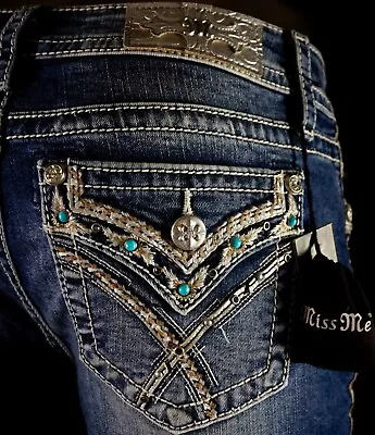 $108 Buckle Miss Me Jeans  Turquoise Gemstone Leather Trim  Boot 28 X 32 • $39.99