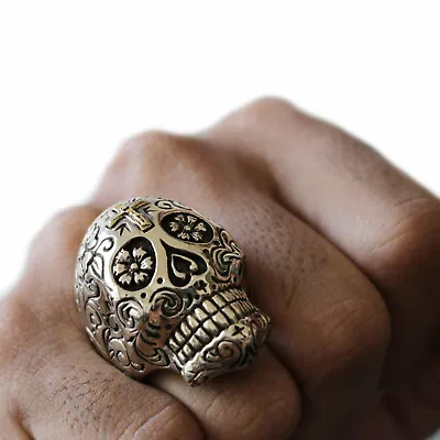 Skull Sugar Mexican Biker Ring Sterling Silver 925 Gothic Cross  Motorcycle Men • $85
