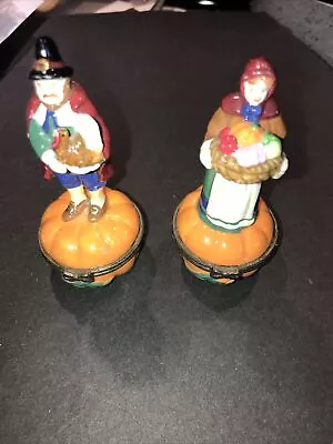 Midwest Of Cannon Falls Pilgrim Lady & Man On Pumpkin Thanksgiving Trinket Box • $24