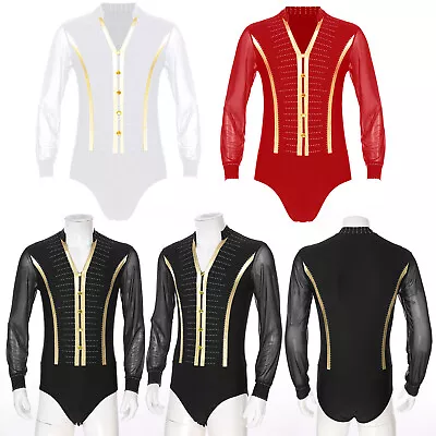 Mens Rhinestone Mesh Dance Shirt Bodysuit Long Sleeve Ballroom Latin Leotard Top • £25.55