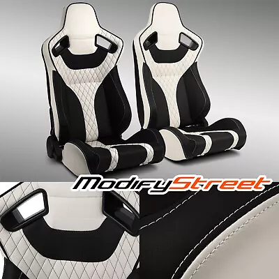 Universal Main Black+White Side PVC Leather Sport Reclinable Racing Seats Pair • $317.98