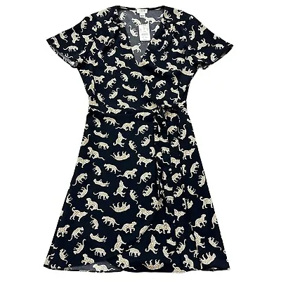 J Crew Womens Size 2 Leopard Print Short Sleeve Wrap Knee Dress Navy Blue NWTS • $24