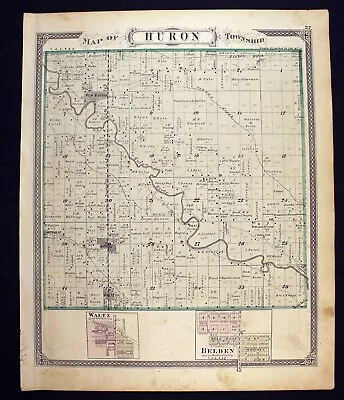 1876 Plat Map Huron Township Wayne County New Boston Michigan Original Color • $39.50