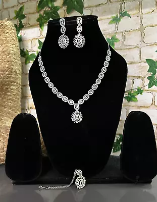Indian Bollywood Silver Plated Ethnic AD CZ Jewelry Earrings Necklace Bridal Set • $18.68