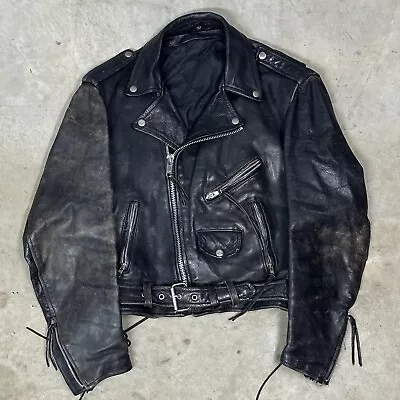 Vintage Genuine Leather Biker Jacket For Harley Riders Laces Ties 42 • $120