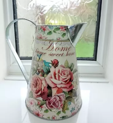 Large Jug Artificial Flower Vase Bluebird Pink Rose Butterfly Design Metal 22cm • £11.99