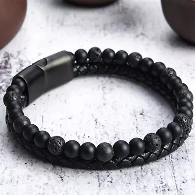 Black Lava Onyx Calming Healing Stone Mens Bracelet Spiritual Protection Balance • $9.99