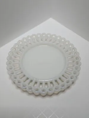 Antique Milk Glass PIERCED EDGE PLATE Lattice Saucer MARKED 105 Opalescent White • $14.50