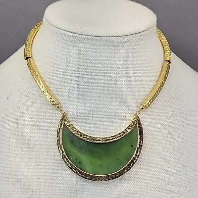 Crescent Moon Necklace Vtg Serpentine Choker Green Stone Gold Tone MCM Scalloped • $42.50