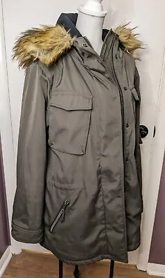 S13 Ladies Women's Olive Green Fur Trimmed Hooded Warm Parka Coat Size XL • $28