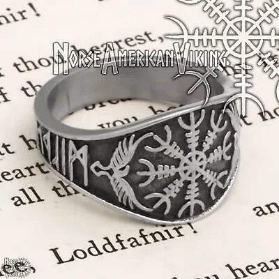 Viking Helm Of Awe Raven Rune Ring 316L Stainless Steel • $24.99