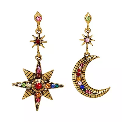 Antique Gold Dangle Earrings Star & Moon With Multi-Colored Rhinestones • $8.99