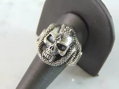 Mens Vintage Estate Sterling Silver Skull & Snake Ring 20.5g E5112 • $110