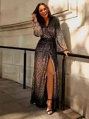 Style Cheat Fab Sequin Ombre Wrap Over Evening Party Maxi Dress Size 12 14 New • £59.99