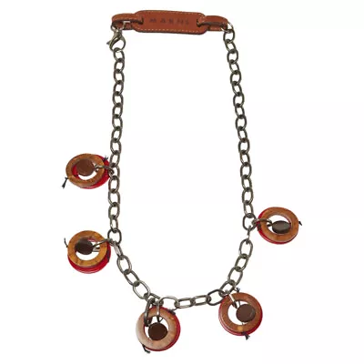 Marni Red Resin And Wood Leather Tag Necklace • $102.90