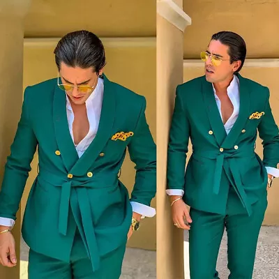 Green Men's Suits For Wedding With Belt Shawl Lapel 2 Piece Causal Slim Fit Suit • $54.86