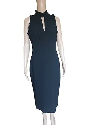 Shoshanna Womens Sleeveless Ruffled Black Midi Sheath Dress Neck Cutout Size 8 • $39.99