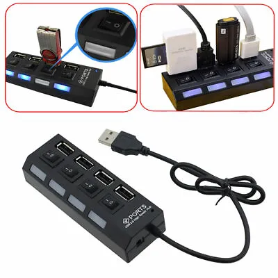 4 Port USB2.0 Hub High Speed Power On/Off Button Switch For Laptop PC Black LED • $8.99