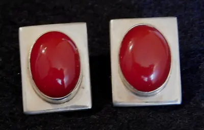 Beautiful Vtg Cabochon Earrings Red Oval Carnelian Set In Sterling Silver Mexico • $25
