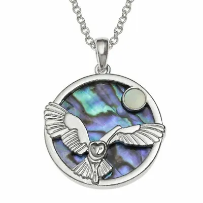 Barn Owl & Moon Necklace Paua Abalone Shell With Chain - Gift Boxed • $16.17