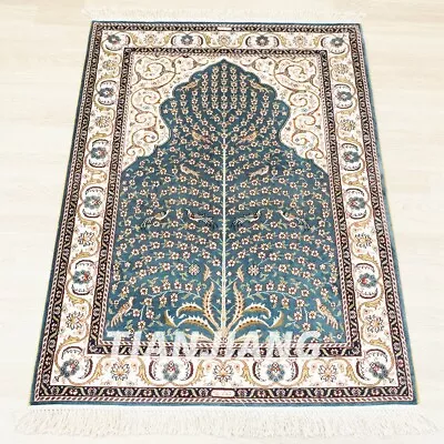 2.7x4ft Hand Knotted Silk Area Rug Blue For Prayer Kid Friendly Carpet HF210B • $799.20