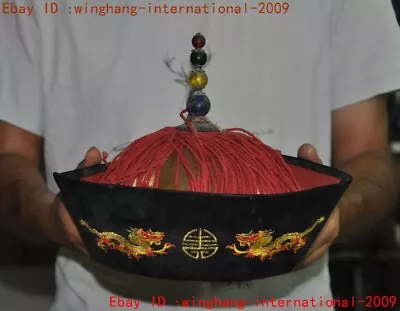 9 Ancient Chinese Qing Dynasty Cloth Peacock Tail Gem Embroidery Dragon Hat Cap • $153