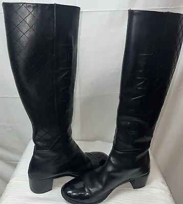 CHANEL Calfskin Leather Signature Logo Knee High Tall Boots Heels Black Size 41 • £395