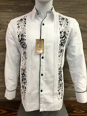 Men's Guayabera Wedding Dress Shirt White Linen Black Flower Double Embroidery • $75