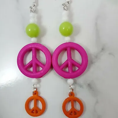 Peace Beaded Earrings 60s 70s Style Hot Pink Orange & Lime  Bright Fun Hippie • £3.99