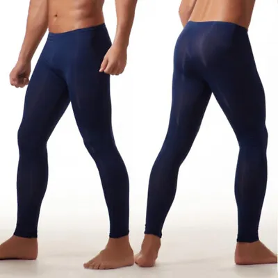 Men's Sheer Silky Long Johns Pants Ultra Thin Leggings Skinny Trousers Underwear • £10.79