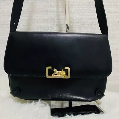 Vintage CELINE Shoulder Bag Horse Carriage Leather Black Gold Authentic From JPN • $298