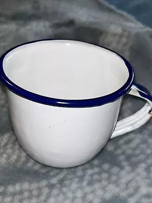 Small White With Blue Trim Enamel Cup 3  Child Size Enamelware Collectible Mug • $5