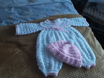 A New Hand Crochet Baby Girl Romper Suit And Hat White And Pink 3 - 6  Months • £6.50