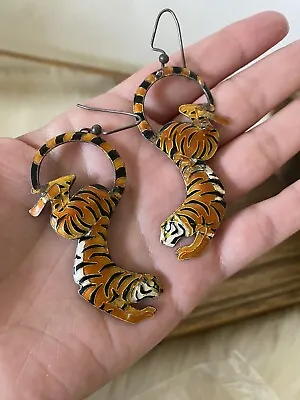 Zarah Sterling Silver Nouveau Art Enamel Tiger Earrings French Wire Hooks • $150