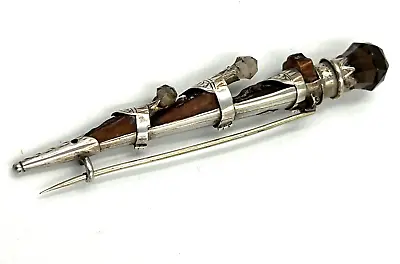 Antique Scottish Silver Dirk Brooch Pin Antler Horn & Cairngorm Smokey Quartz • £185