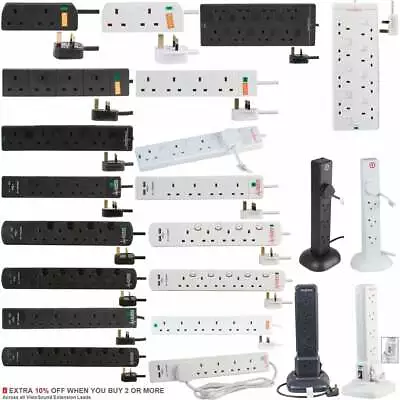 Surge Protected Extension Trailing Lead - Black/White Multi Plug USB Power Cable • £35.49