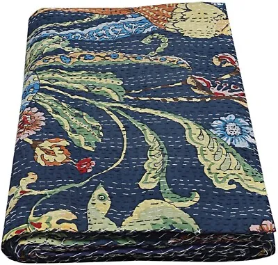 £53.99 • Buy Indian Handmade Kantha Quilt Blanket King Size Throw Cotton  Blue Bedspread