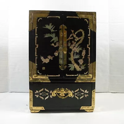 Vintage Chinese Wooden Jewelry Box Black Lacquer Inlay Drawer Brass 12.5 X8 X6  • $85