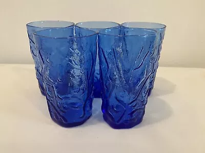 Vintage Morgantown Dark Blue Crinkle/Seneca Driftwood Glass Tumblers Juice 4  • $19