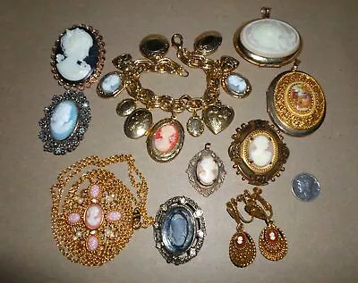 Lot Of 10 Vintage - CAMEO JEWELRY - Pins Earrings Pendants Lockets Bracelet  • $18.50