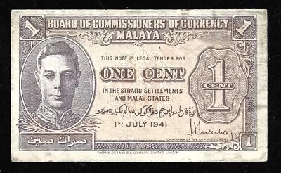 World Paper Money - Malaya 1 Cent 1941 (1945) P6 @ VF • $13