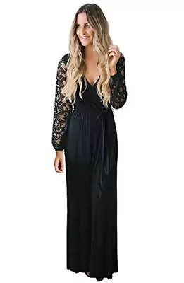 Zattcas Womens Vintage Lace Long Sleeve Faux Wrap V Neck Maxi Dress Black 3X • $7.99