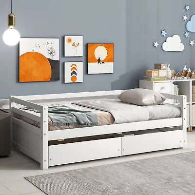 Modern Twin Size Daybed Sofa Bed Wooden Slatted With 2 Storage Drawers White NEW • $248.99