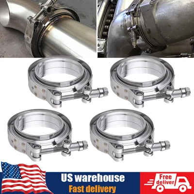 $55.99 • Buy 3  Inches V-Band Flange&Clamp Kit Male/Female With Ridge Exhaust Stainless 4 Pcs