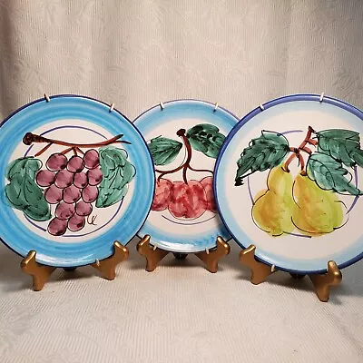 La Musa - 3 Hand Painted 8  Round Plates - Italy -Fruit Motif With Plate Hangers • $36