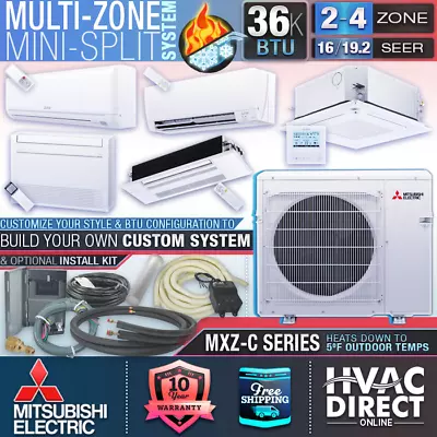 Mitsubishi 2-4 Zone 36K BTU 16-19.2 SEER AC Heat Pump Mini Split System Builder • $4425.10